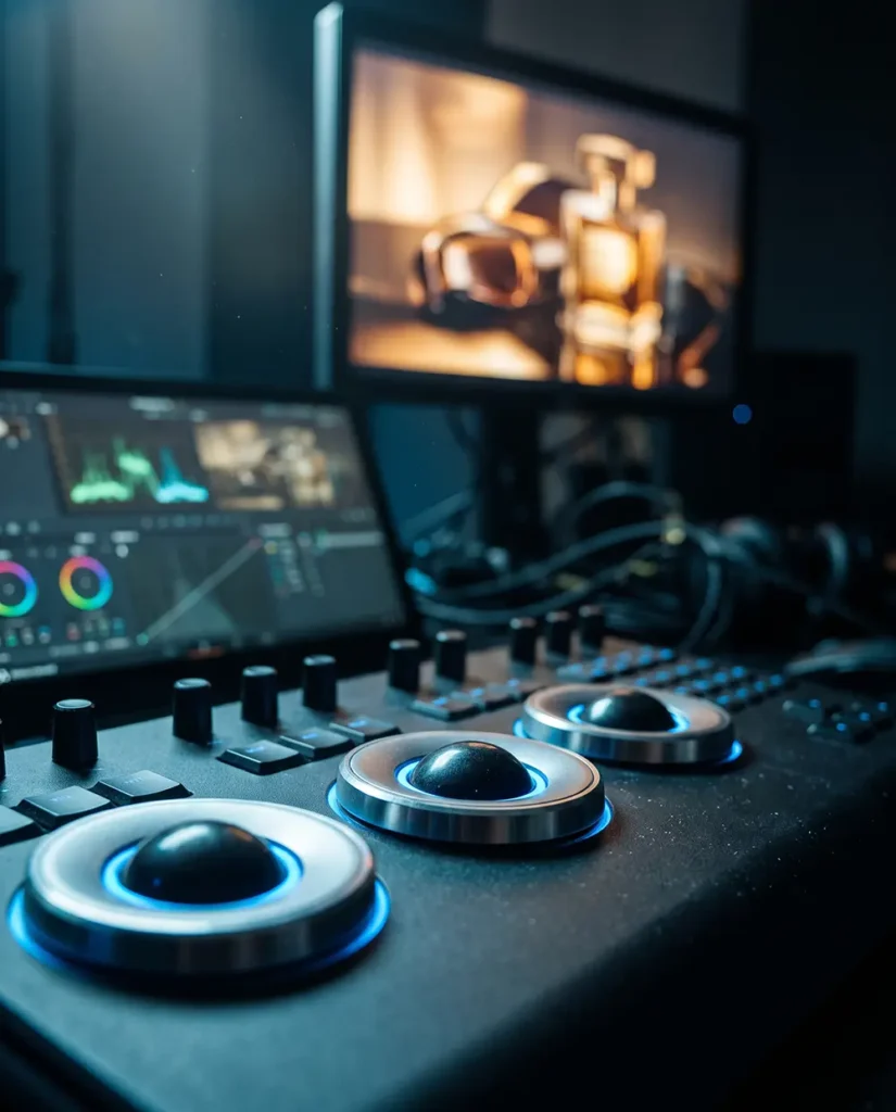 Color grading panel with glowing trackballs in an editing suite