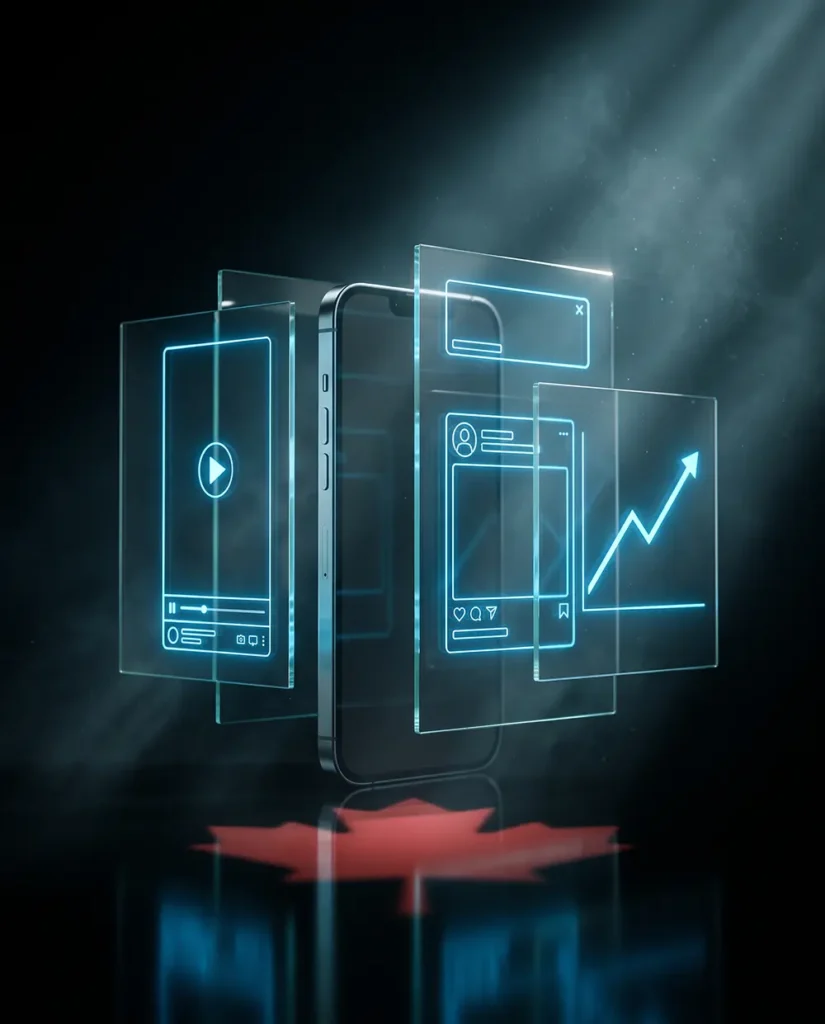 Smartphone surrounded by floating digital ad formats
